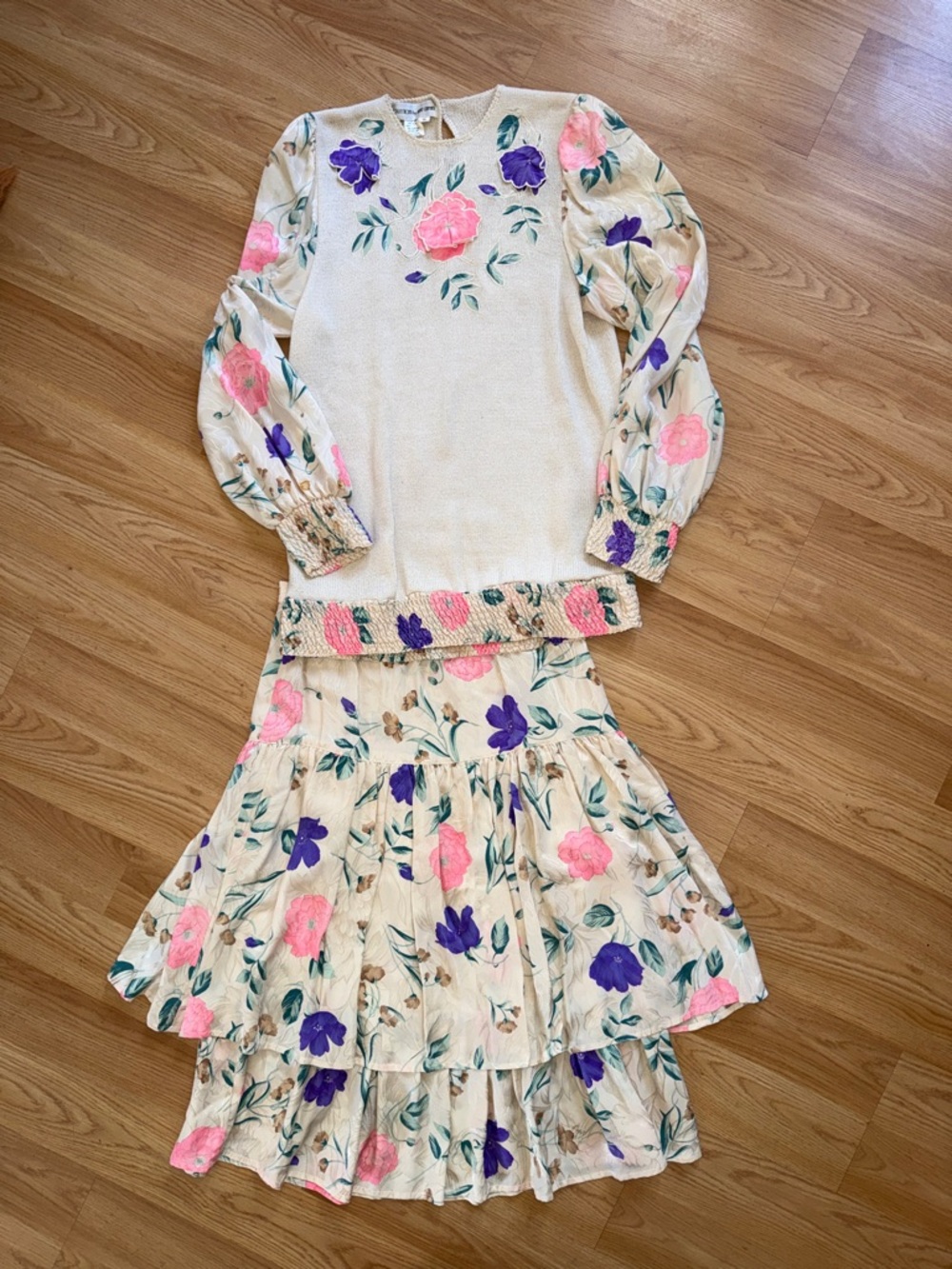 Vintage Anne Crimmins Umi Collection Floral Skirt Set Pink Purple Silk M 80s